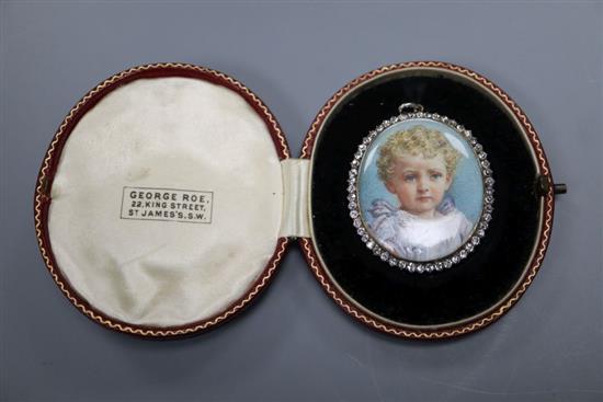 A late Victorian yellow metal and diamond set oval portrait miniature, in fitted gilt tooled leather case, 42mm,